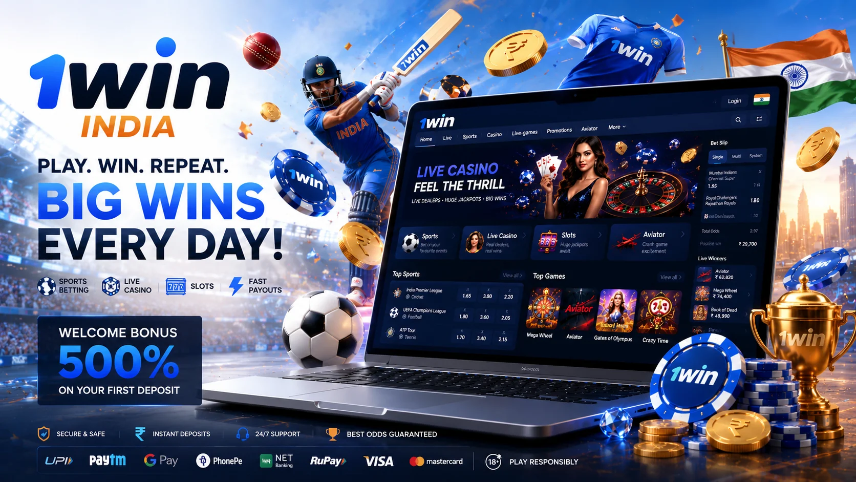 1Win India online sportsbook and casino platform with cricket betting, live casino games, mobile betting app, and secure payment methods for Indian players