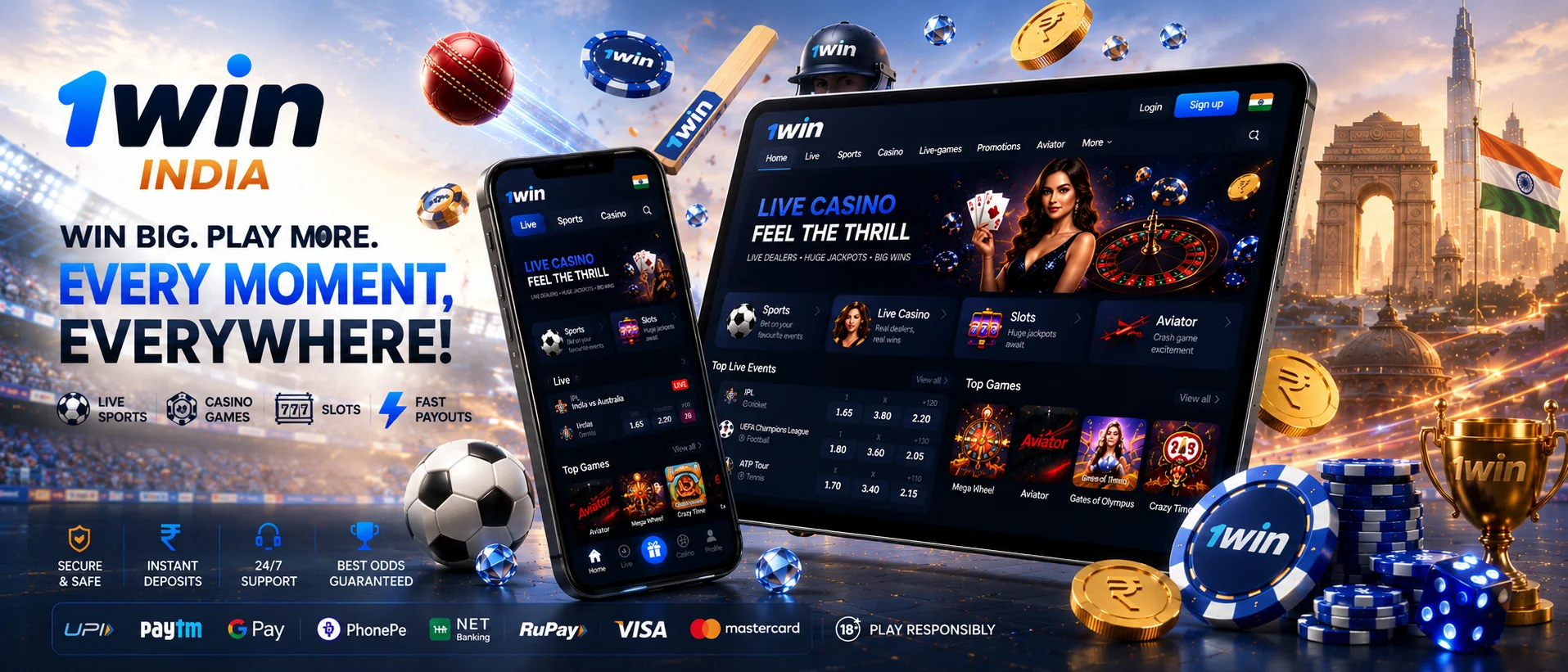 1Win India mobile betting website featuring IPL betting, live dealer casino games, sportsbook markets, fast withdrawals, and modern online gambling experience